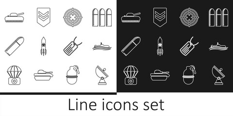 Set line Radar, Submarine, Target sport, Biohazard rocket, Bullet, Military tank, dog tag and Chevron icon. Vector