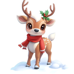 Obraz premium A reindeer with a red scarf stands in the snow. Christmas card, illustration, drawing
