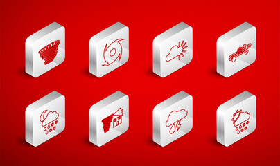 Set line Cloud with snow, rain, sun, Tornado, Cloudy, Wind and, lightning, swirl and moon icon. Vector