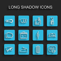 Set line Windscreen wiper, Car handbrake, door handle, tire, Oil filler cap at gas station, battery, windscreen and muffler icon. Vector