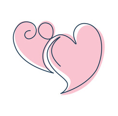 Two hearts drawing with one continuous line. Couple hearts in single line minimalist style. Valentine's Day concept. Love and care. Vector in line art style.