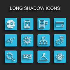Set line Magnifying glass, Cash back, Globe with flying plane, Mountains and flag, Hourglass gear, Project management, Contactless payment and Lead icon. Vector