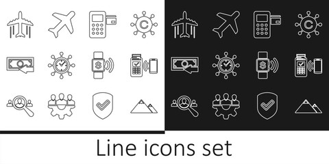 Set line Mountains, POS terminal, Pos, Clock and gear, Cash back, Plane, Contactless payment and icon. Vector