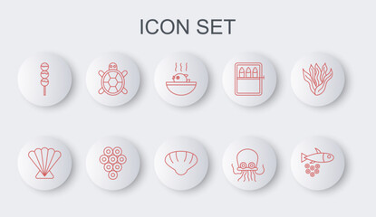 Set line Fish with caviar, Scallop sea shell, Puffer fish soup, Octopus, Takoyaki on stick, Turtle, Caviar and icon. Vector