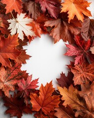 Fototapeta premium Autumnal Maple Leaves Frame Fall Foliage Border Thanksgiving Background Red Orange Brown Leaves