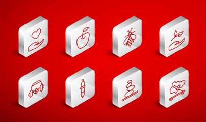 Set line Scented spa stick, Apple, Bee, Leaf in hand, Stack hot stones, Heart, Pipette and Headphones for meditation icon. Vector