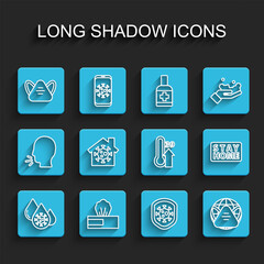 Set line Blood test and virus, Wet wipe pack, Medical protective mask, Shield protecting from, Earth with medical, Stay home, and High human body temperature icon. Vector