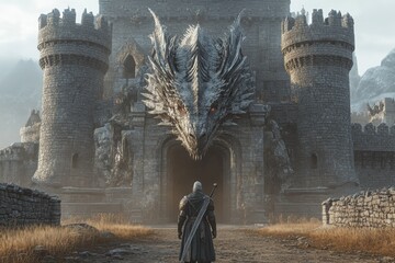 Epic dragonborn knight stands boldly before an ancient castle in a medieval fantasy realm
