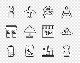 Set line French press, Mannequin, Gargoyle on pedestal, Croissant package, Woman dress, Covered with tray, Place De La Concorde and Elegant women hat icon. Vector