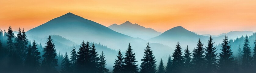 Fototapeta premium A serene landscape featuring misty mountains and dark coniferous trees against a vibrant orange and blue sunset sky.
