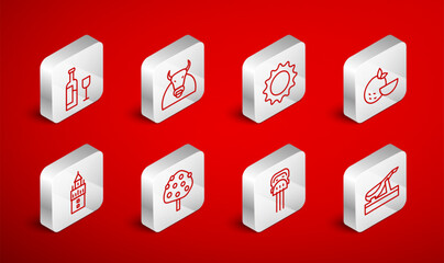 Set line Spanish jamon, Bull, Sun, Orange fruit, Peineta, Wine bottle with glass, tree and Giralda icon. Vector