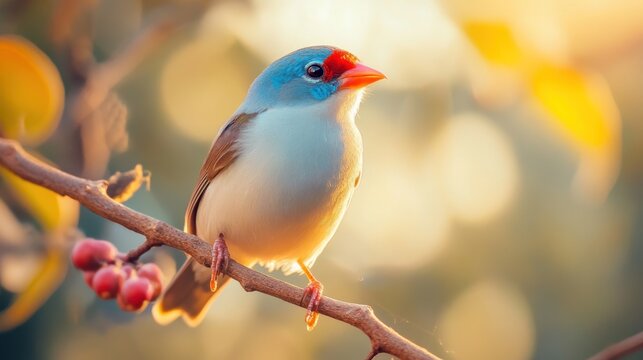 Serene Sunset: A Blue-Faced Parrot Finch Perched on a Branch