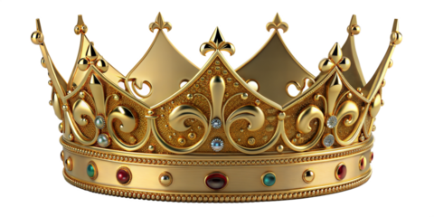 Golden Crown with Jewel Accents - Golden crown adorned with intricate details and colorful gemstones, symbolizing royalty, power, and luxury.
