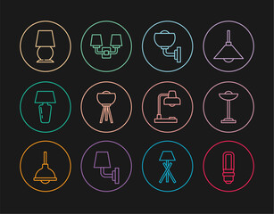 Set line LED light bulb, Floor lamp, Wall sconce, Table, and icon. Vector