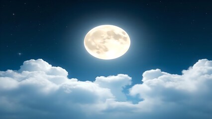 Bright full moon, starry night sky, fluffy clouds, serene glow, deep blue backdrop, tranquil scene