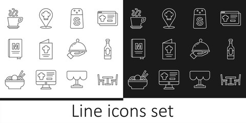 Set line Wooden table with chair, Wine bottle, Salt, Cookbook, Restaurant cafe menu, Coffee cup, Covered tray food and Chef hat location icon. Vector