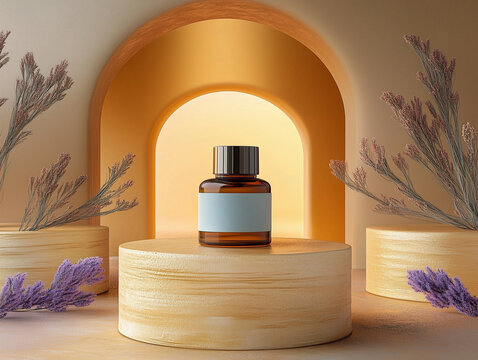 Cosmetic product bottle on the product podium. Luxury showcase.