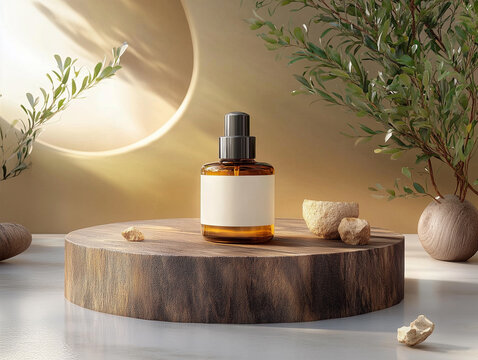 Cosmetic product bottle on the product podium. Luxury showcase.