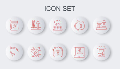 Set line Pack full of seeds of plant, Scythe, Plant sprouts grow in rain, Book about, Bag coffee beans, Wheat, Seed and flour icon. Vector