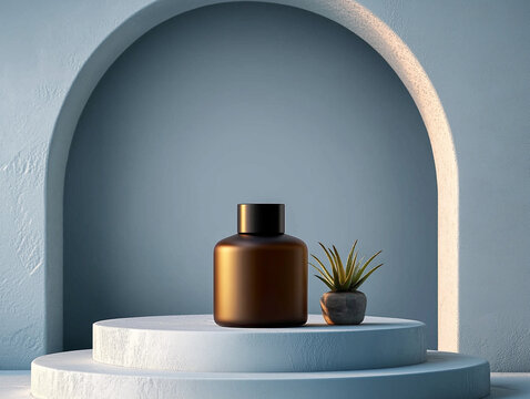 Cosmetic product bottle on the product podium. Luxury showcase.