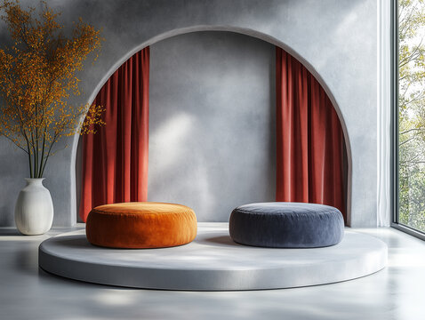Product podium for product display. Mock-up for exhibitions or presentation of cosmetic products or packaging.