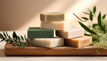 a serene arrangement of natural cleaning soap bars with natural factors promoting relaxation and self care in a minimalist setting