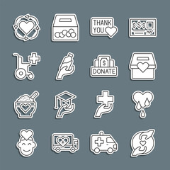 Set line Pleasant relationship, Blood donation, Donation and charity, Thank you with heart, water, Wheelchair for disabled person, Volunteer and icon. Vector