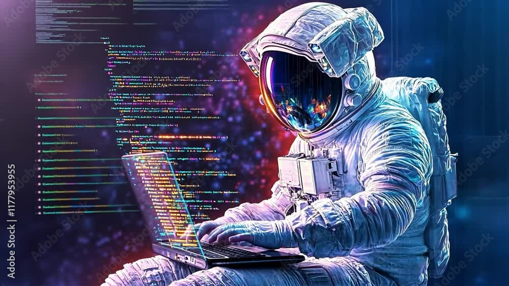 Poster Astronaut coding in space with vibrant cosmic background and illuminated data streams