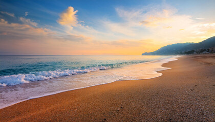 colorful sea seaside dawn lovely incekum seashore scenery with calm waves and smooth sandy seashore empty tropical panorama incekum alanya