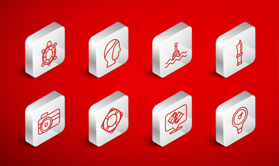 Set line Gauge scale, Diving hood, Floating buoy, knife, Flippers for swimming, Turtle, Lifebuoy and Photo camera diver icon. Vector