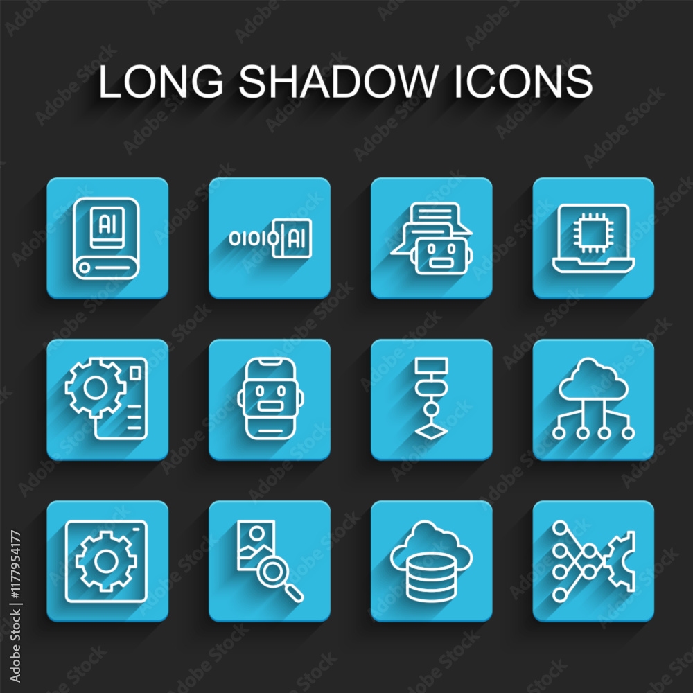 Poster Set line Computer api interface, Photo retouching, Artificial intelligence AI, Cloud database, Neural network, Chat bot, Network cloud connection and Algorithm icon. Vector