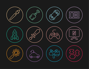 Set line Puzzle pieces toy, Smart Tv, Skateboard, Sword, Rocket ship, Paint brush, Gamepad and Shovel icon. Vector