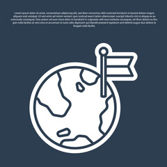 Blue line Planet with flag icon isolated on blue background. Victory, winning and conquer adversity concept. Vector