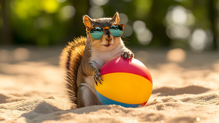 Obraz premium Playful squirrel wearing sunglasses holding a beach ball, symbolizing fun and energy, ideal for summer-themed branding or leisure campaigns