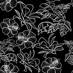 Seamless floral pattern with hibiscus flowers and tropical leaves in doodle style vector illustration 