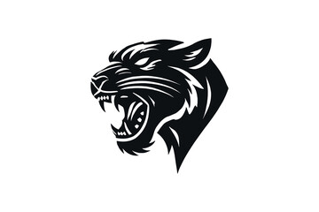 Minimalist black silhouette of a roaring panther head, bold and fierce