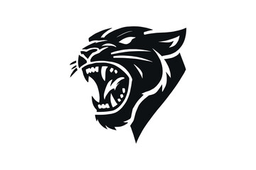 Minimalist black silhouette of a roaring panther head, bold and fierce
