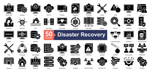 Disaster Recovery Icon Collection Set.Containing data security, database, virus, back up, computer, publication, file backup, service, threat icon. Simple glyph style Vector Illustration.	
