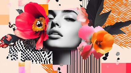 Abstract Collage of a Woman's Face Surrounded by Flowers