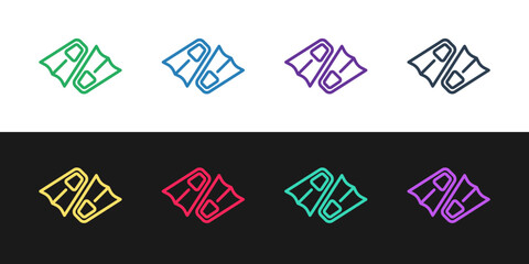Set line Rubber flippers for swimming icon isolated on black and white background. Diving equipment. Extreme sport. Diving underwater equipment. Vector © vector_v