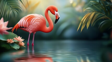 Fototapeta premium Cartoon flamingo standing by a calm pond with soft reflections