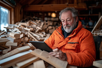 An elderly man dressed in a bright orange jacket sits amidst stacks of wooden planks in a cozy woodshop.