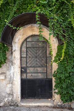 Old metal house entrance overgrown with plants