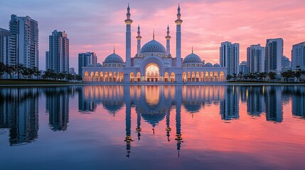 Fototapeta premium Grand mosque reflecting in water at sunrise, cityscape backdrop.