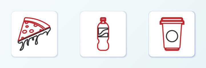 Set line Coffee cup, Slice pizza and Bottle water icon. Vector