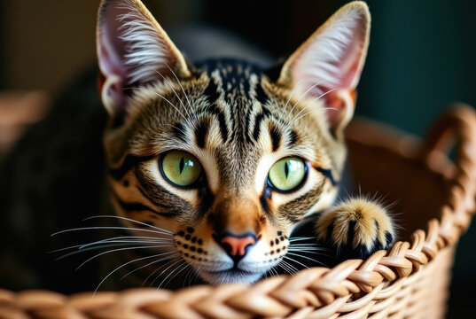 Bengal cat resting in woven basket with green eyes