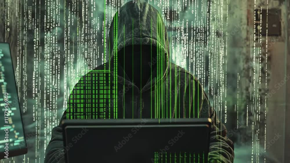 Poster hacker manipulating code in dimly lit room to disrupt computer systems and networks, hacker manipula