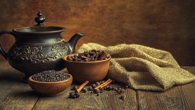 Dark ceramic pot beside bowls of spices on wooden table with rustic cloth in warm lighting