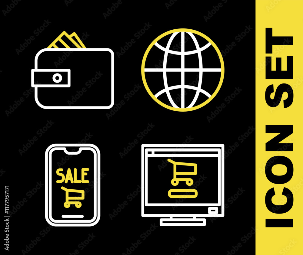 Canvas Prints Set line Worldwide, Shopping cart on computer, Mobile phone and shopping and Wallet with paper money cash icon. Vector