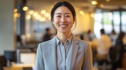 Obraz premium Smiling businesswoman in modern office environment with colleagues in background